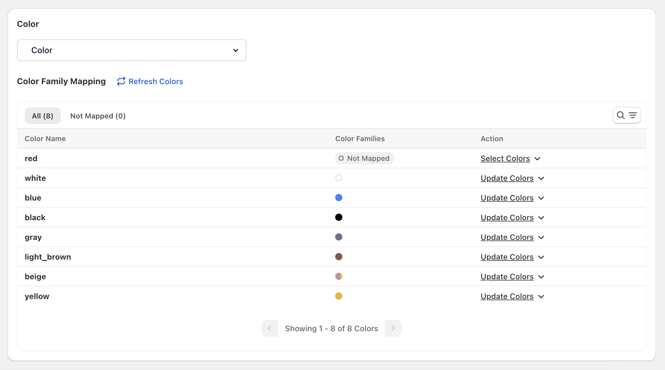 Each Color can be mapped to one or more Color Families