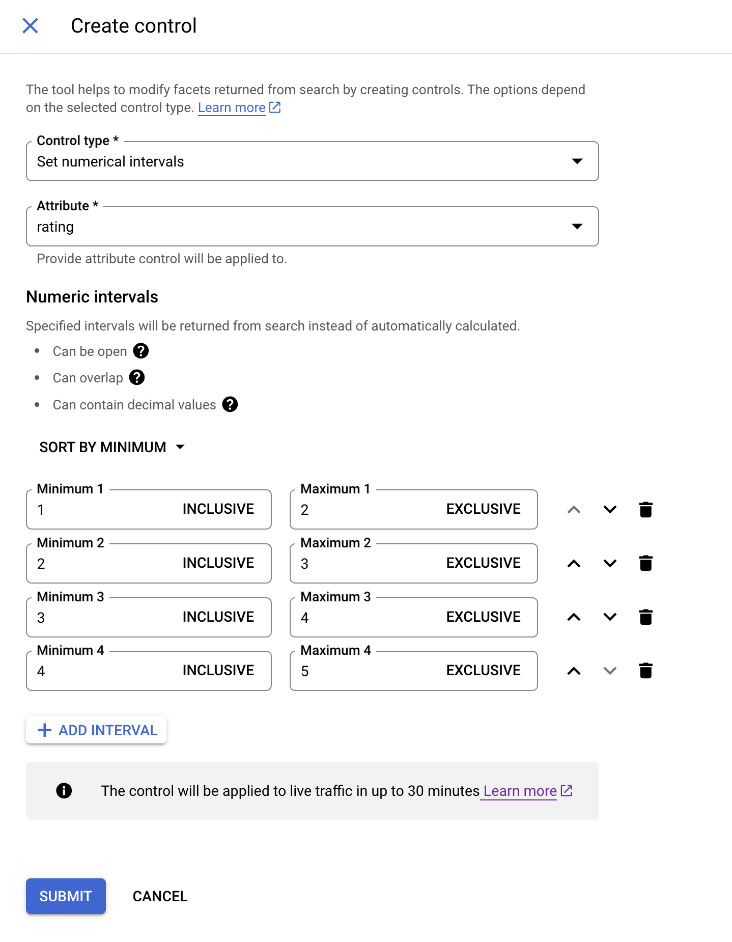 Numerical Intervals can be set in the Facet Controls Settings